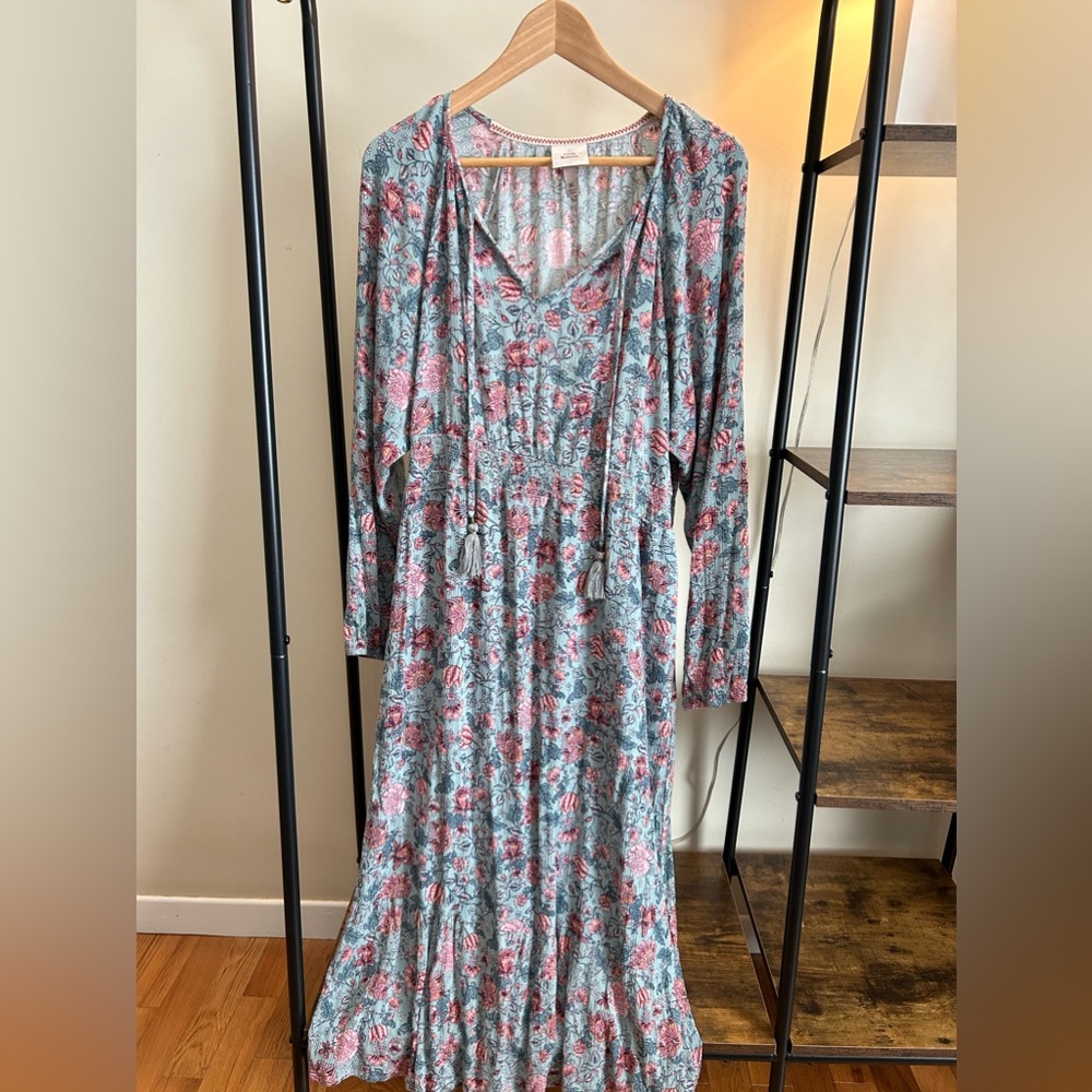 Floral Long Sleeve Maxi Dress - Blue & Pink